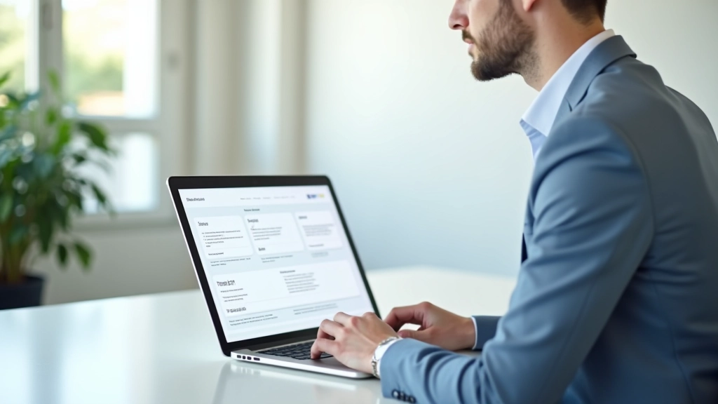 Strukturiertes Entscheidungsrahmen-Template auf einem Laptop-Bildschirm wird von einem Geschäftsmann analysiert