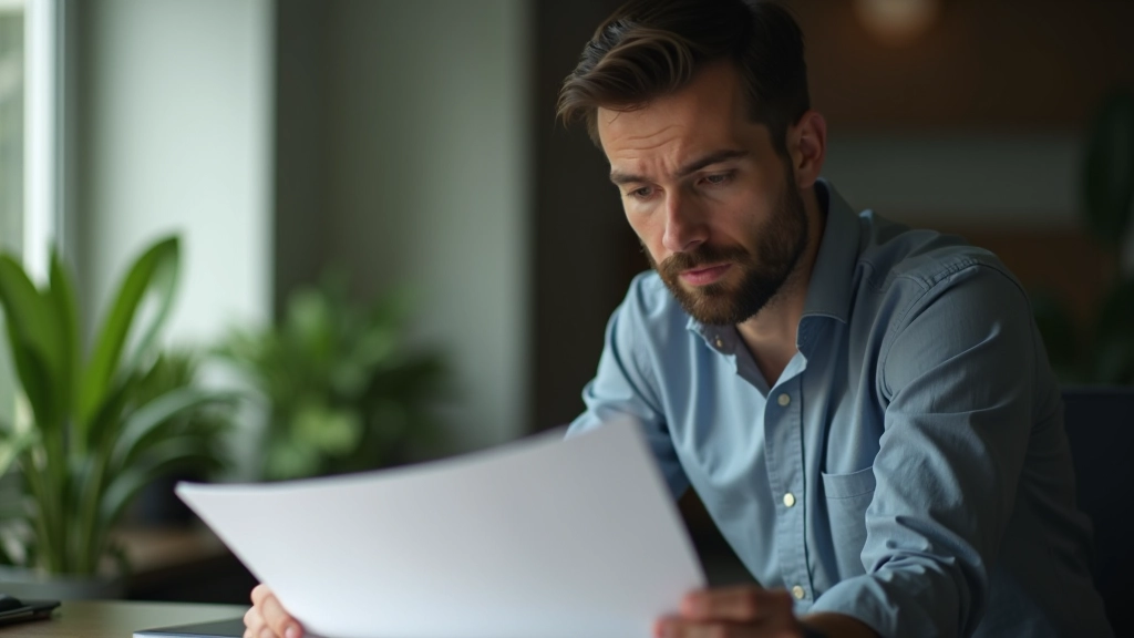 Person in Businesskleidung sitzt am Tisch, schaut konzentriert auf Papiere, professionelle Atmosphäre mit Pflanzen