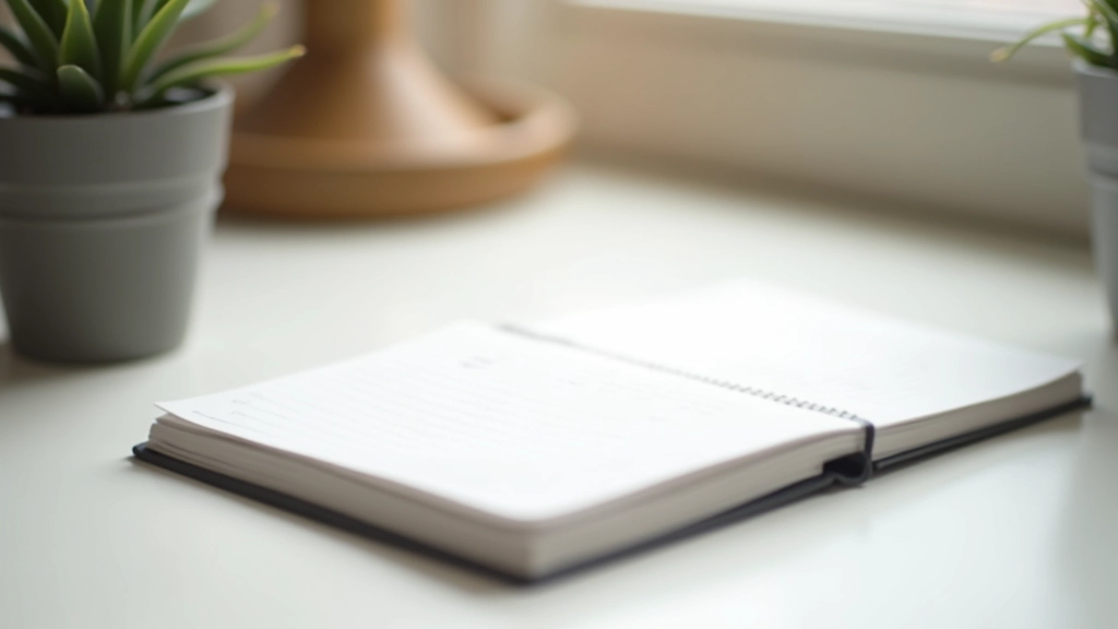 Notizbuch mit handgeschriebenen Fragen zur Selbstreflexion auf einem Schreibtisch