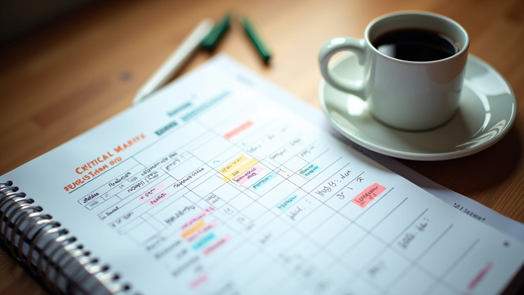 Draufsicht auf einen aufgeschlagenen Planer mit einer Entscheidungsmatrix, mehrfarbigen Markierungen und Notizen, Kaffeetasse neben dem Planer, warmes natürliches Licht