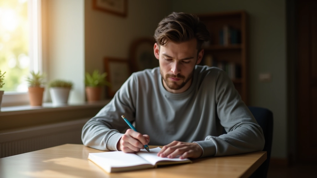 Person schreibt konzentriert an einem ruhigen Ort und führt ein reflektives Tagebuch