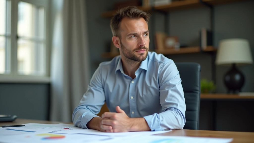 Person sitzt nachdenklich am Schreibtisch und analysiert verschiedene Papiere mit Diagrammen und Daten