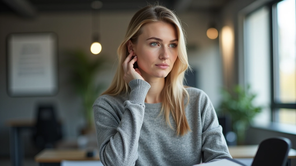 Person sitzt nachdenklich am Schreibtisch mit Notizbuch und Stift, helles Bürolicht