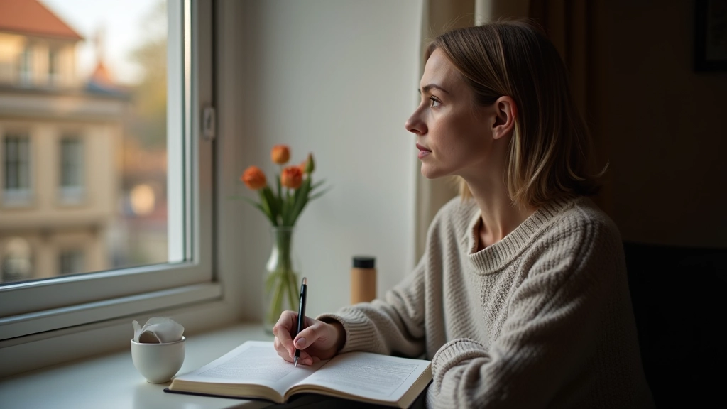 Frau in professioneller Kleidung in reflektiver Pose, die nachdenkt und persönliche Entwicklung demonstriert