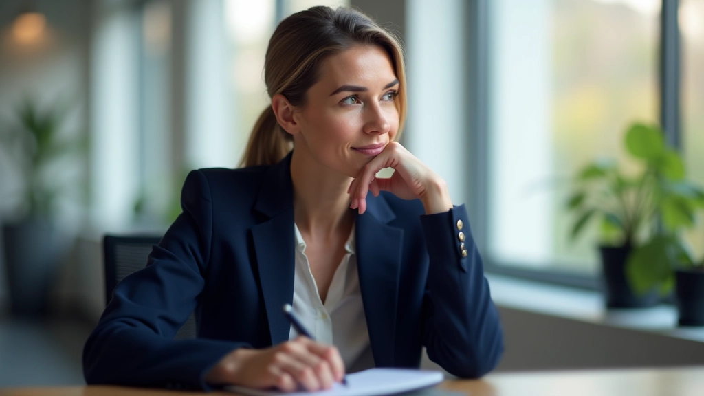 Professionelles Foto einer Frau im mittleren Alter in Geschäftskleidung, sitzt am Schreibtisch mit Notizbuch, denkt konzentriert nach, Büroumgebung, natürliches Licht